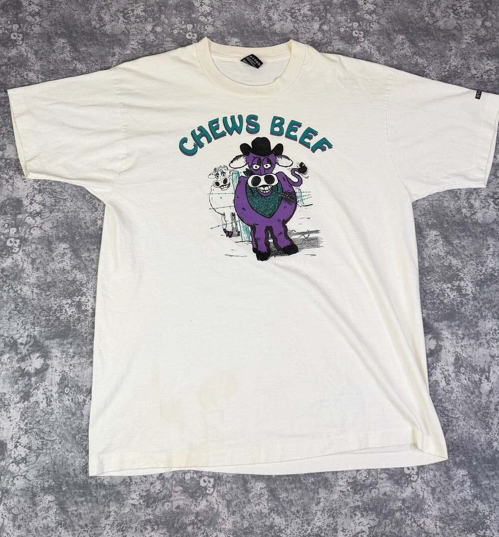 Fruit Of The Loom Chews Beef Graphic T-Shirt XL White Cotton Blend